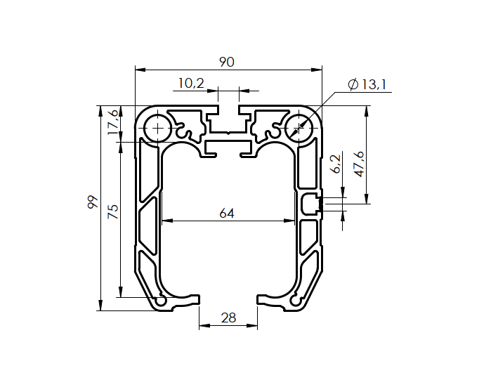 Fuehrungsprofil Aluminium 90 x 99 mm- L = 3000 mm- roh-89-11H0290X99AL3000-A.4
