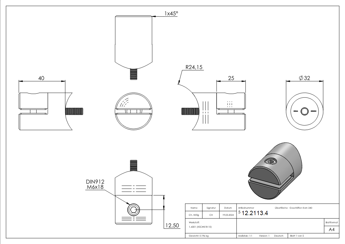 Blechhalter - Plattenhalter Ø 32 mm Edelstahl V2A – Anschluss 48-3 mm inkl- Schrauben - Gummieinlage-12-2113.4
