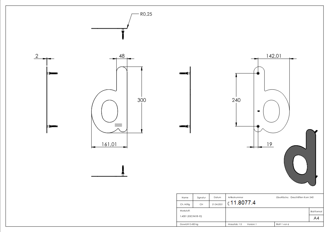 Buchstabe d - gross - Masse- 200 mm x 300 mm - V2A-11-8077.4