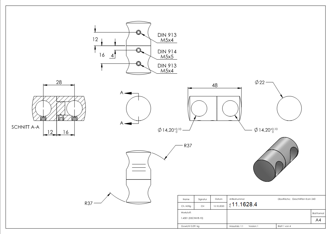 Querstabhalter V2A Edelstahl – Doppel fuer 2 Rundstaebe 14 mm inkl- Schrauben-11-1628.4