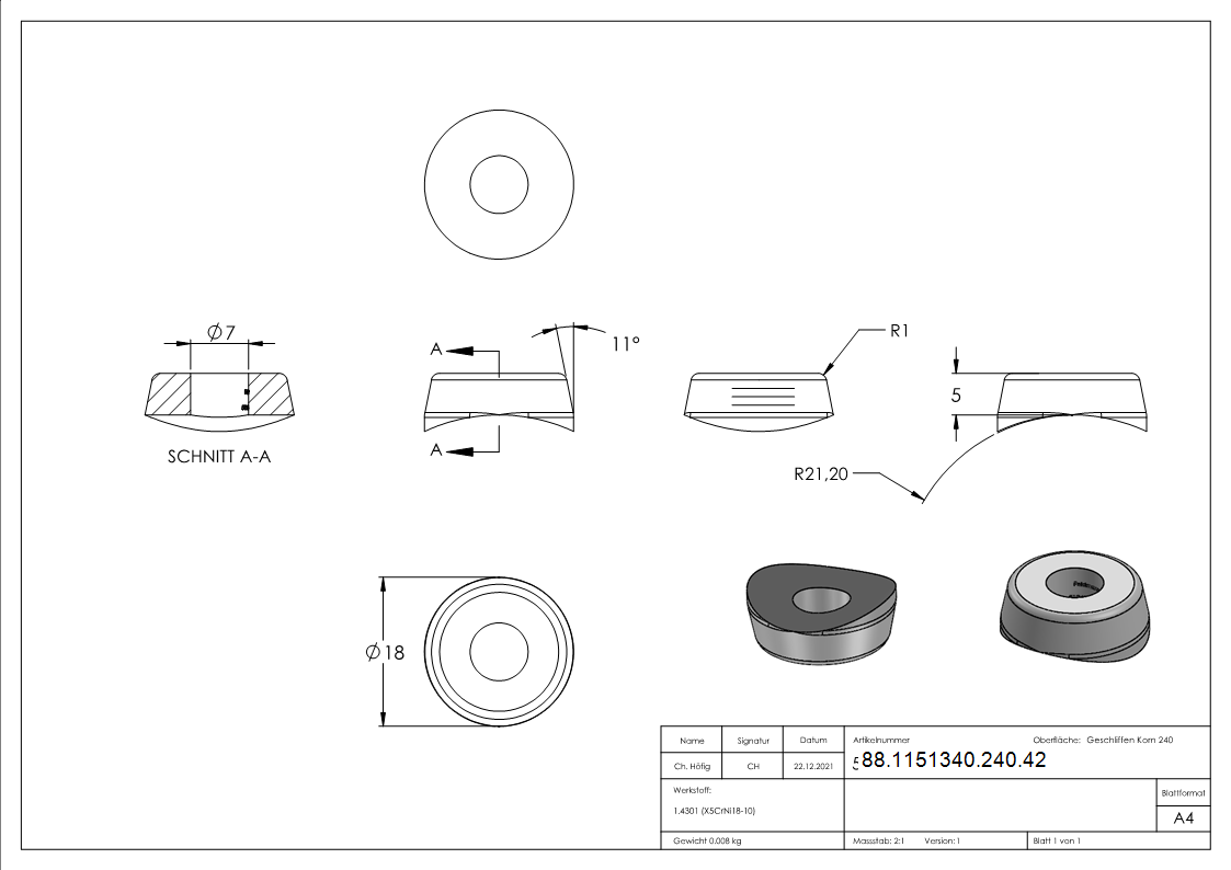 Ausgleichsstueck Ø 18mm fuer Rundrohr Ø 42-4mm V2A-88-1151340-240.42
