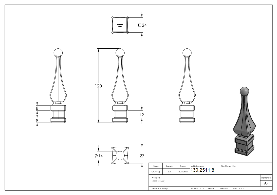 Zaunspitze - Hoehe- 120 mm - Material- 24x24 mm - Stahl S235JR- roh-30-2511.8