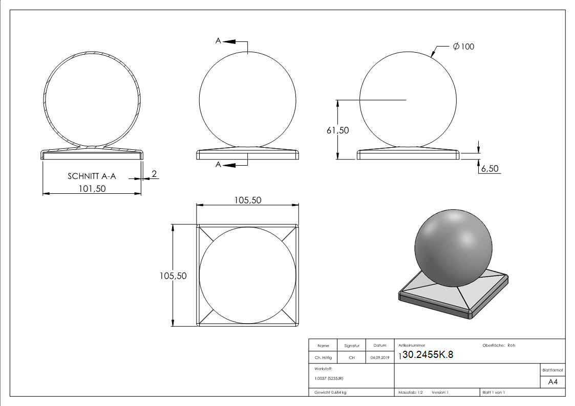 Pfeilerbedecker fuer Quadratrohr - 100x100 mm - mit Kugel Ø 100 mm - Stahl -Roh- S235JR-30-2455K.8