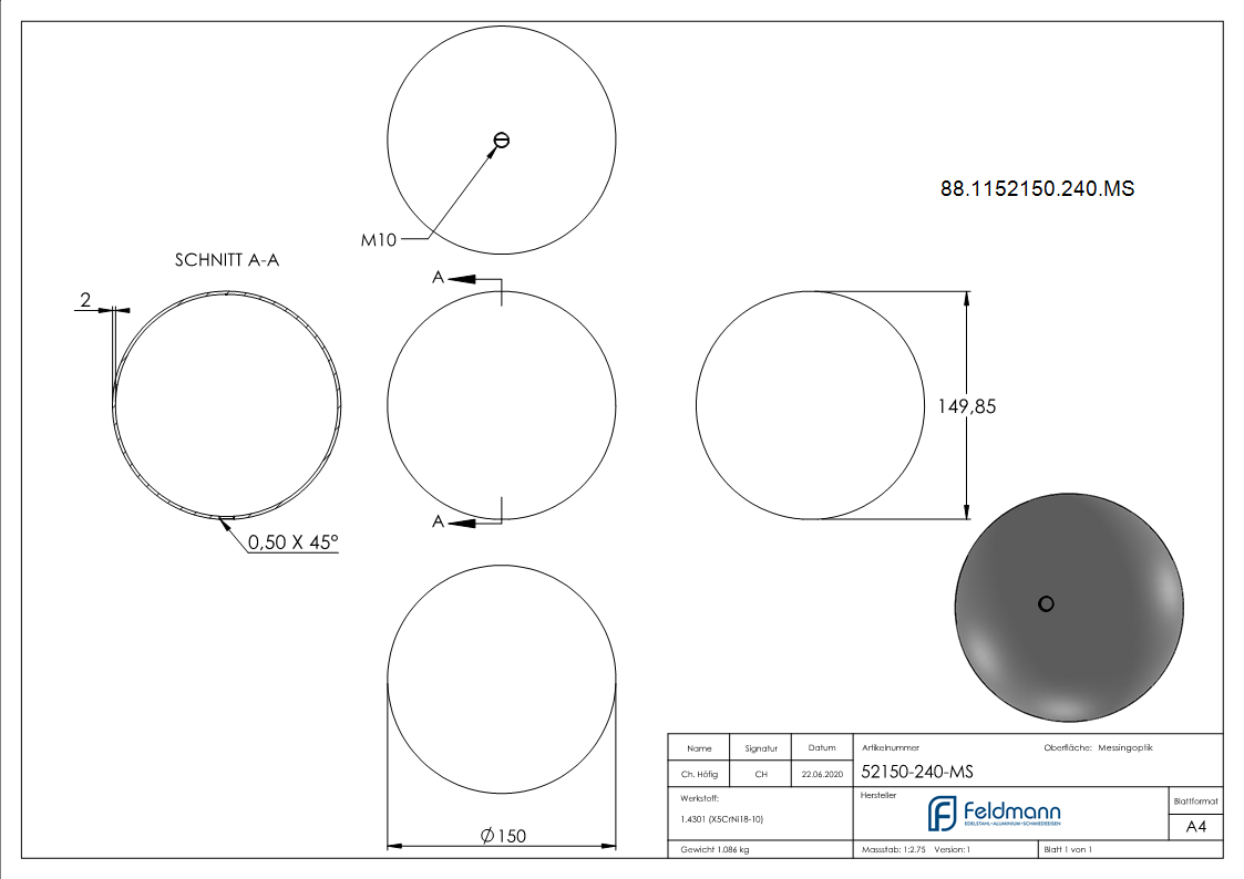 Boule creuse en laiton Ø 150mm avec M10