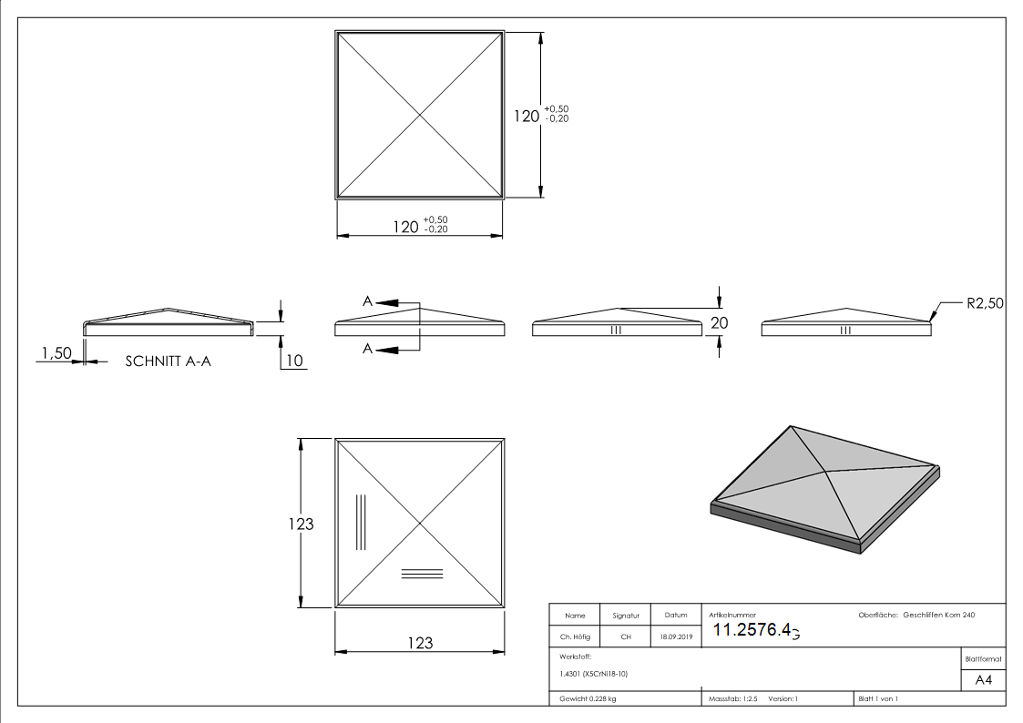 Capuchon de poteau pour tube carré : 120x120 mm | V2A