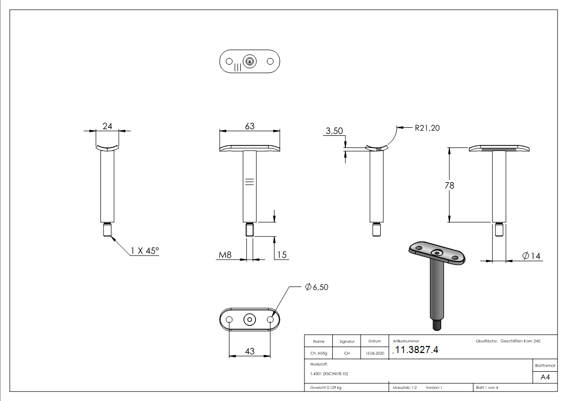 Goupille avec plaque de retenue | Raccord : Ø 42.4 mm | V2A