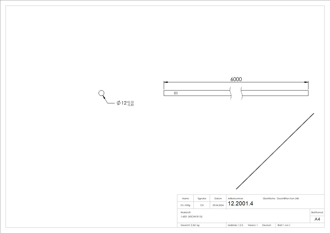 Barre ronde Ø 12 mm á 6 m V2A