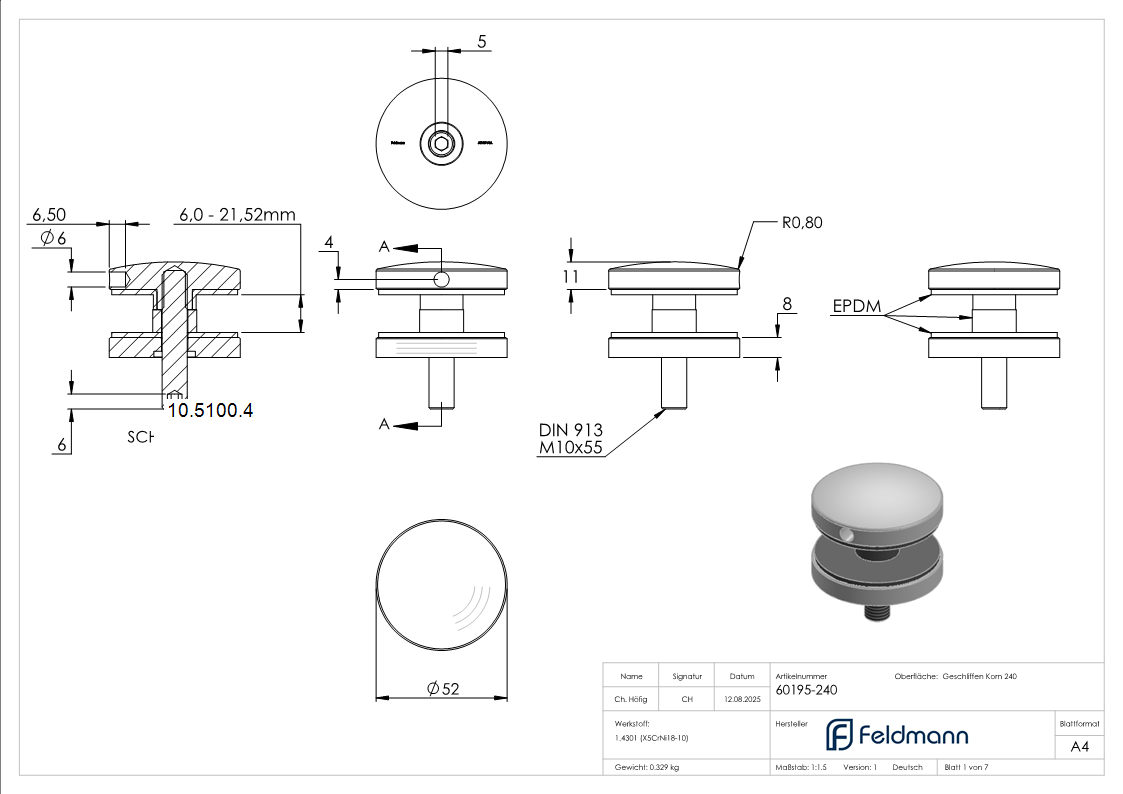 Glaspunkthalter Ø 52 mm- V2A- Anschluss- Flach -mit abP-10-5100.4
