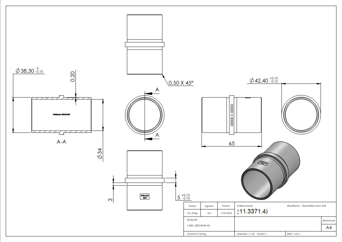 Rohrverbinder V2A Ø 42-4x2-0 mm L 65 mm mit Mittelsteg-11-3371.4