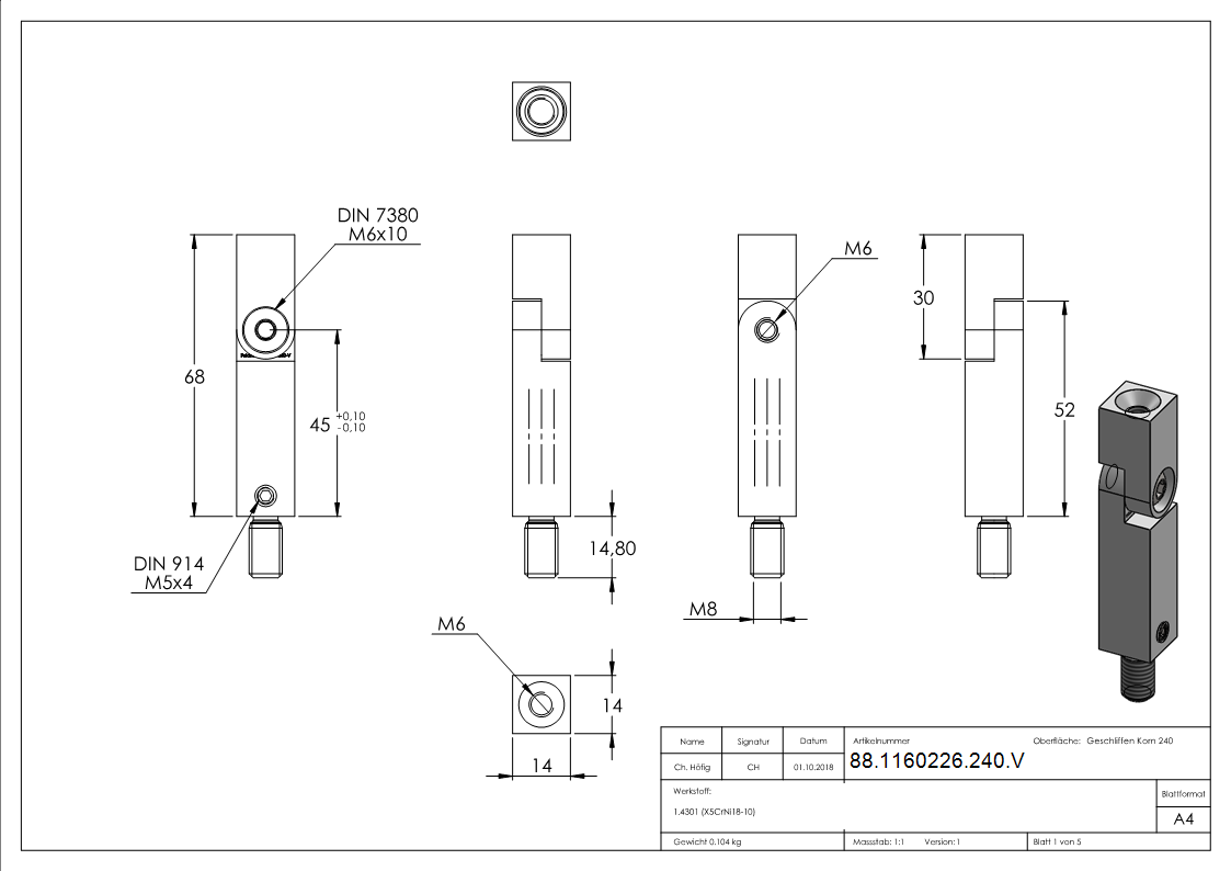 Axe d'articulation de 14x14mm, longueur : 68mm, V2A