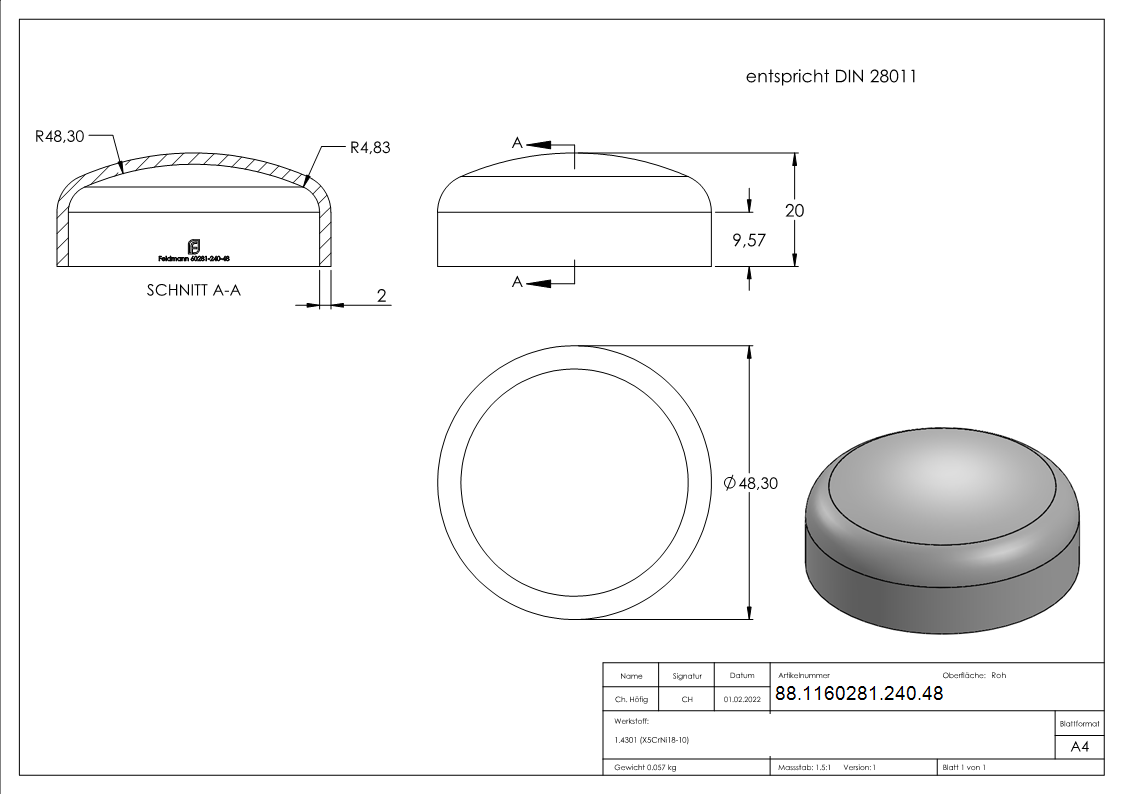 bout bombé 48,3 x 2,0mm, DIN 28011, V2A