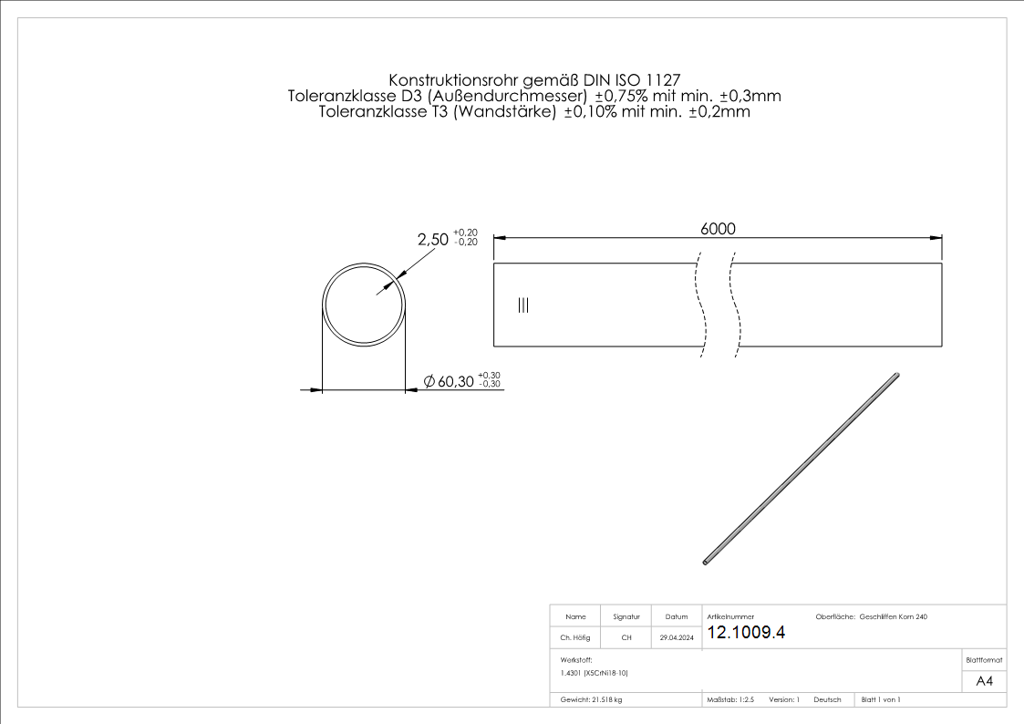 Tube rond Ø 60,3x2,6 mm á 6 m V2A