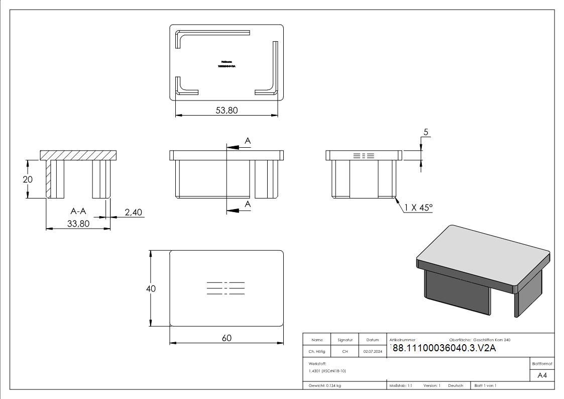 Einsteckkappe V2A fuer Rechteckrohr 60x40x3-0 mm-88-11100036040-3.V2A