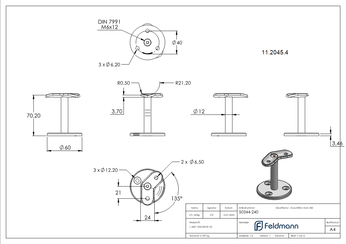Support de main courante 135° pour Ø 42,4 mm V2A
