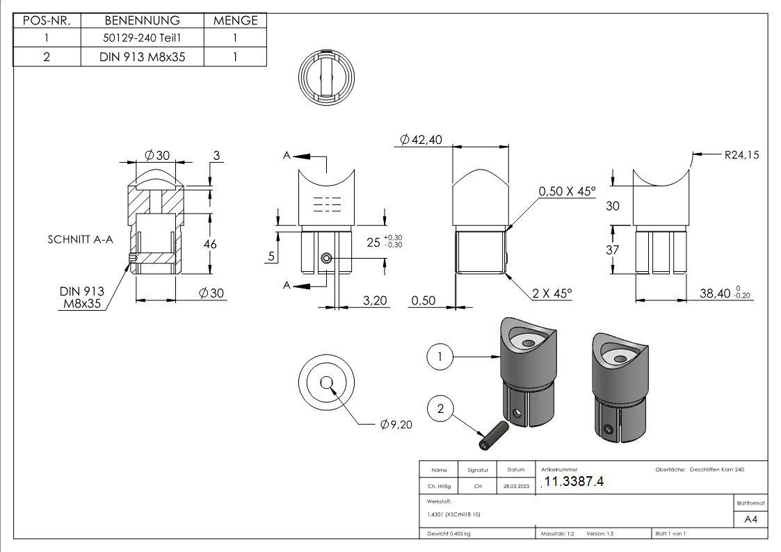 Anschlussstueck 90° fuer Rundrohr Ø 42-4x2-0 mm V2A-11-3387.4