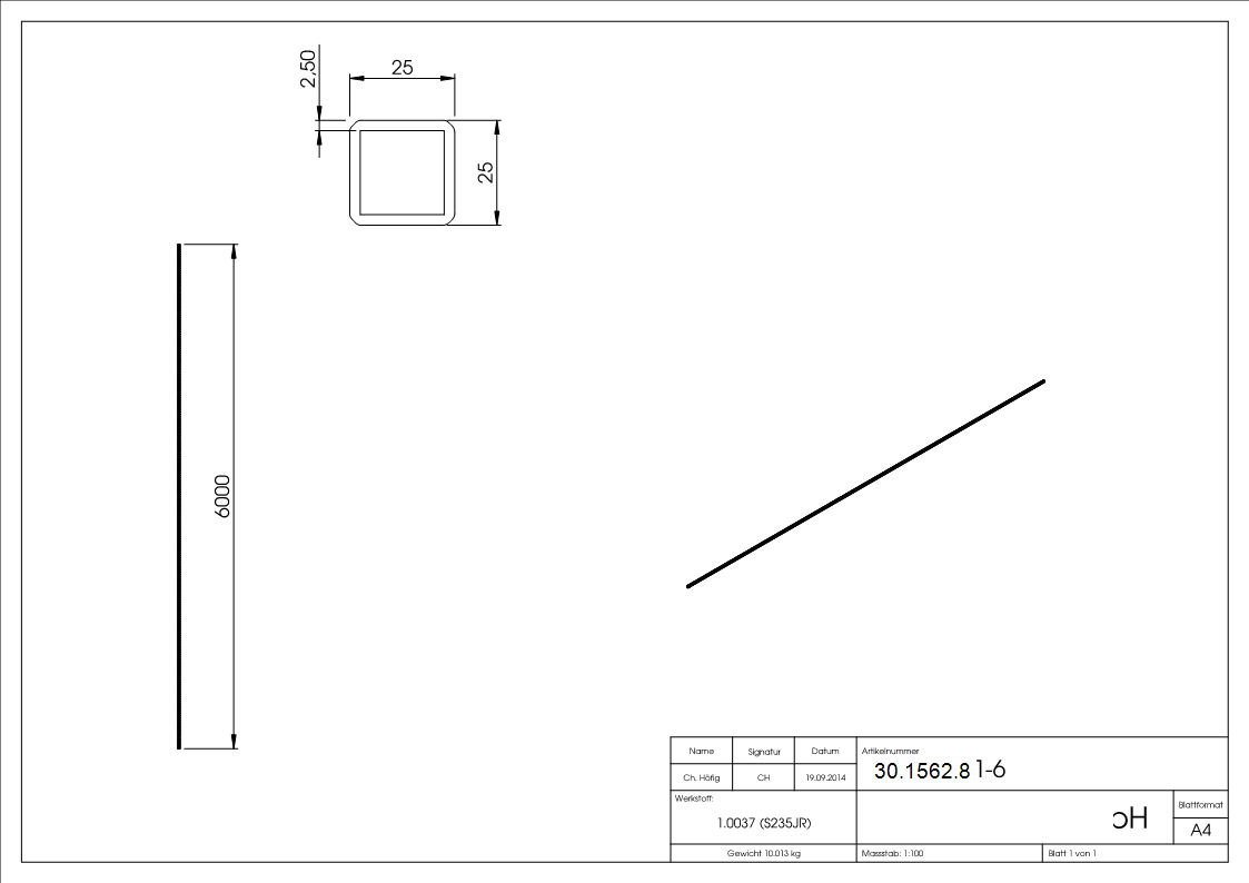 Quadratrohr gehaemmert 25x25x2-5 mm 6000 mm Stahl S235JR- roh-30-1562.8