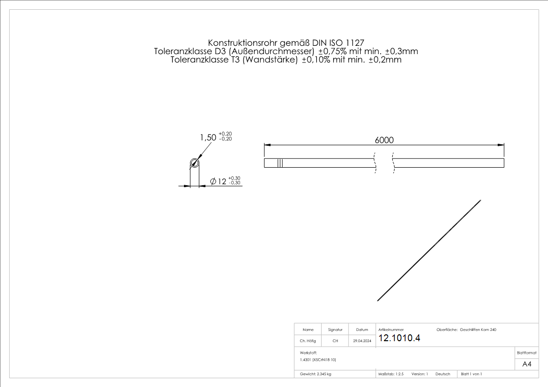 Tube rond Ø 12,0x1,5 mm á 6 m V2A