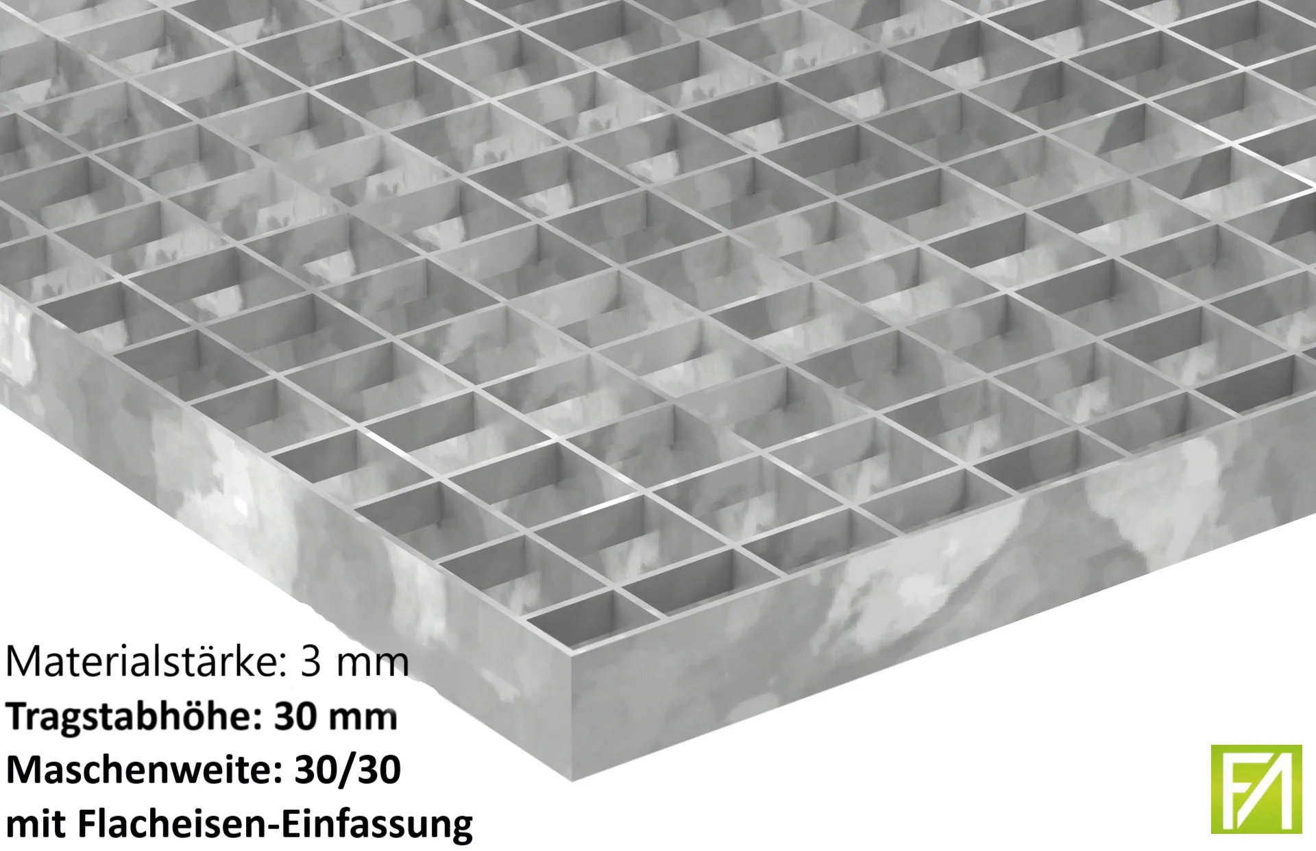 Industrie-Gitterrost - Masse- 1000x500x30 mm; MW 30-30 mm; 30-3 mm - S235JR -St37-2- im Vollbad feuerverzinkt-21-1005030303.7
