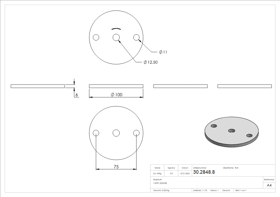 Ankerplatte 100x6 mm 3 Bohrungen -  Stahl roh-30-2848.8