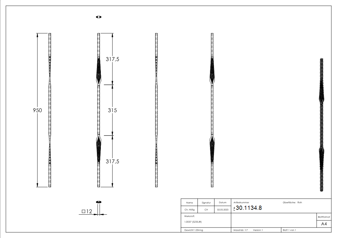 Zierstab - Laenge- 900 mm - Material- 12x12 mm geschmiedet - Stahl S235JR- roh-30-1134.8