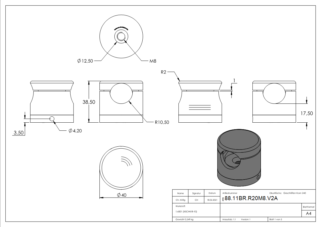 BRENK-fix® Grundhalter fuer Staebe Ø 20mm- V2A-88-11BR-R20M8.V2A