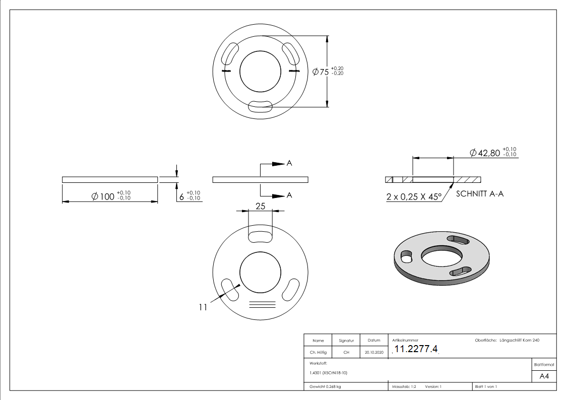 Ankerplatte Masse- Ø 100x6 mm Mittelbohrung- Ø 43 mm V2A-11-2277.4