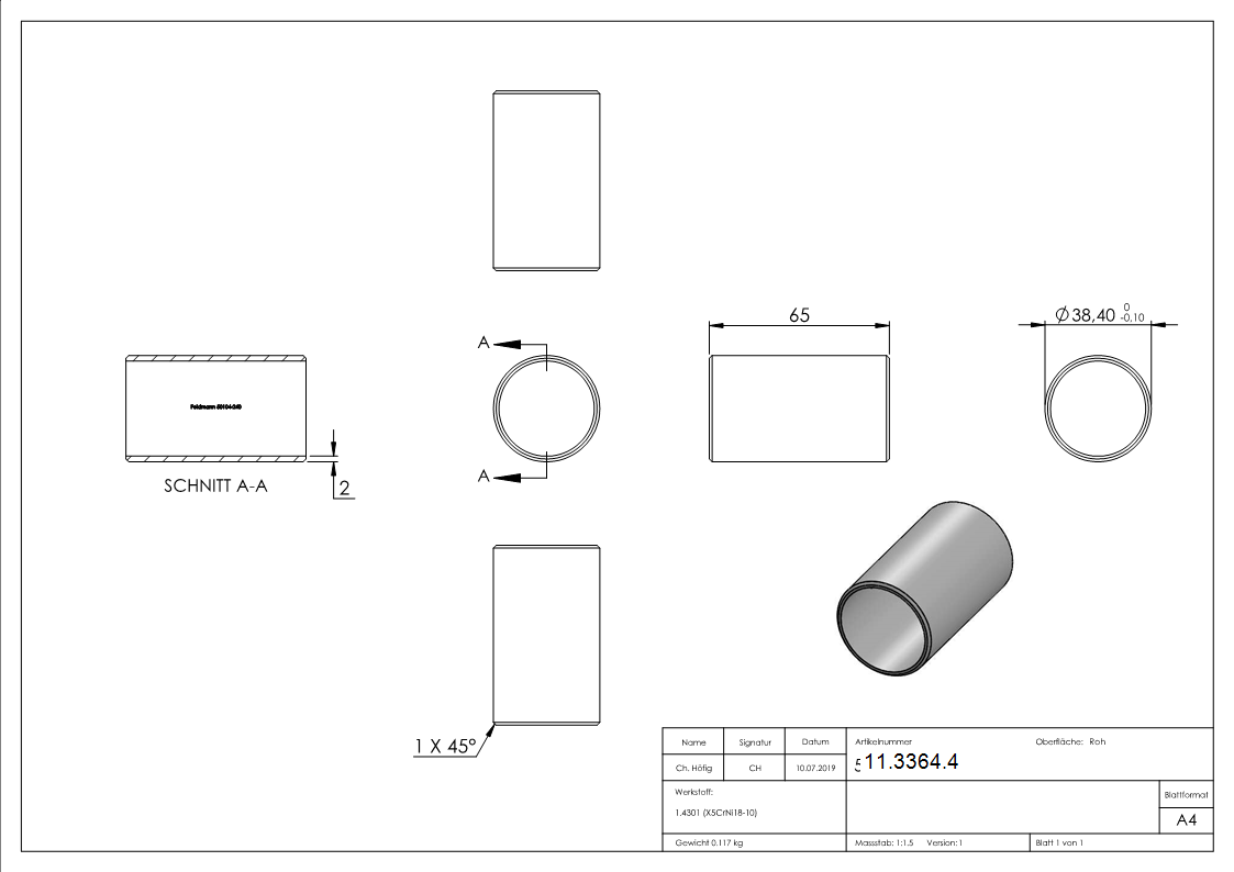 Manchon de raccordement pour tube rond Ø 42.4x2.0 mm V2A
