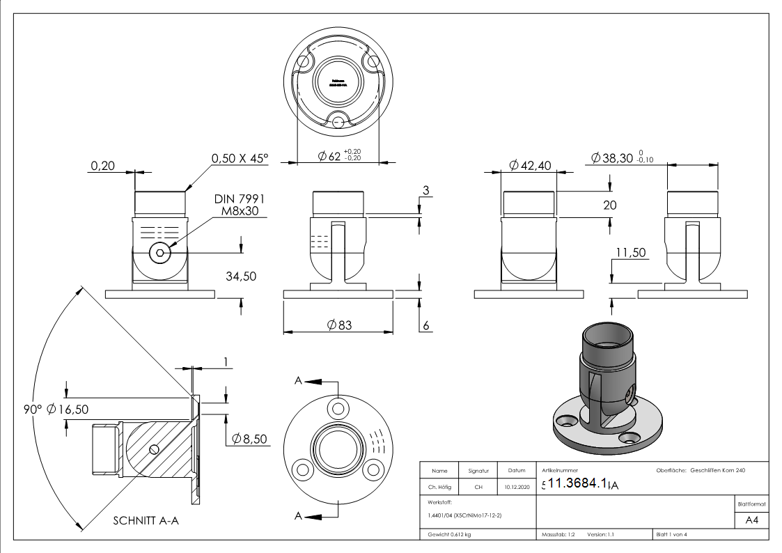 Support mural flexible, pour tube rond Ø 42.4x2.0 mm V4A