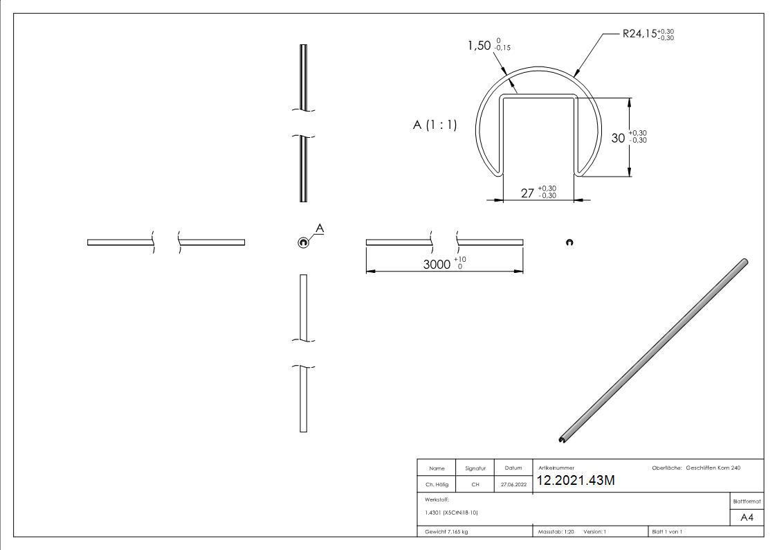 Tube rainuré | Ø 48.3x1.5 mm | avec rainure : 27x30 mm | longueur : 3000 mm | V2A