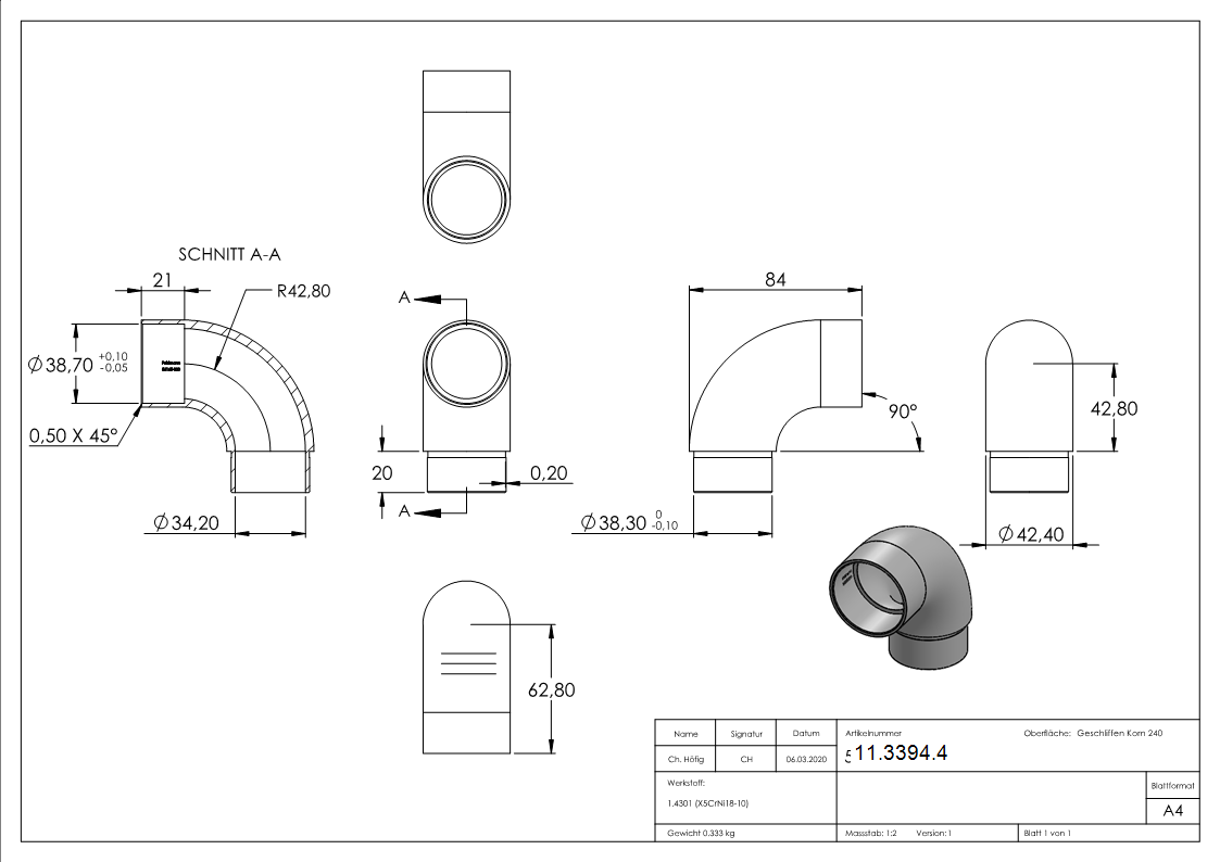 Raccordement coudé à 90° pour tube rond Ø 42.4x2.0 mm V2A