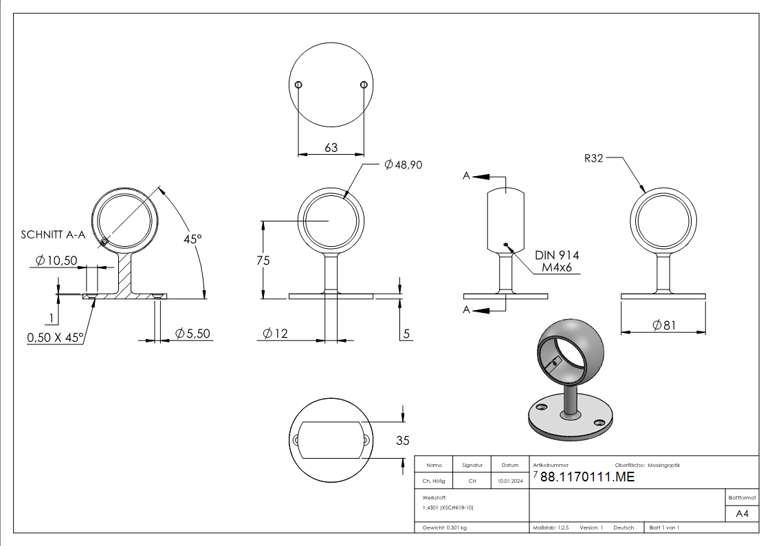 Porte-tube, pour tube 48,3mm, optique laiton