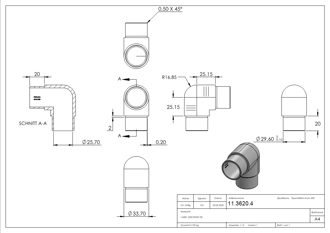 Rohrbogen V2A fuer Rohr 33-7 x 2-0 mm 90° eng zum Stecken-11-3620.4