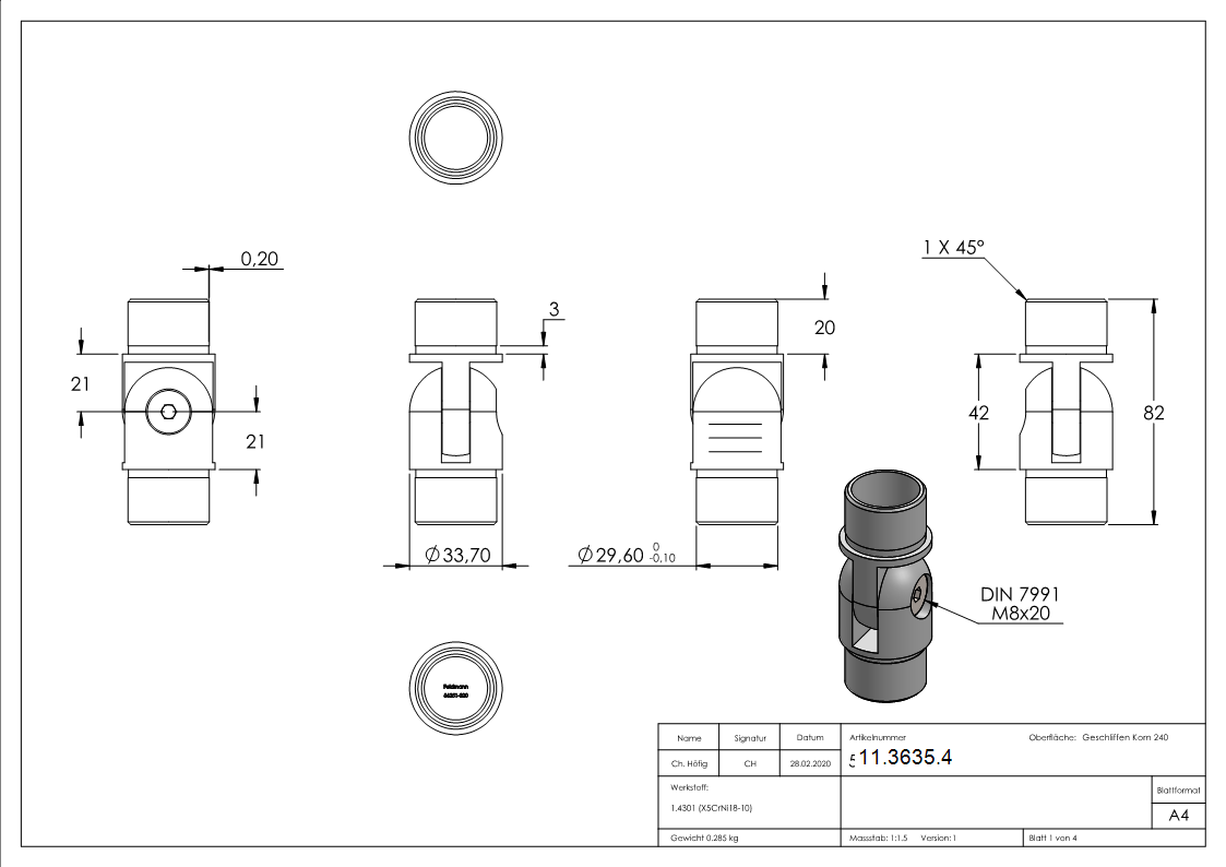 Pièce d'articulation pour tube rond Ø 33.7x2.0 mm V2A