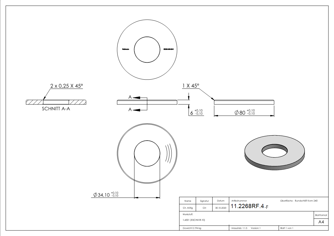 Ankerplatte Masse- 80x6 mm Rundschliff - Fase und Mittelbohrung V2A-11-2268RF.4