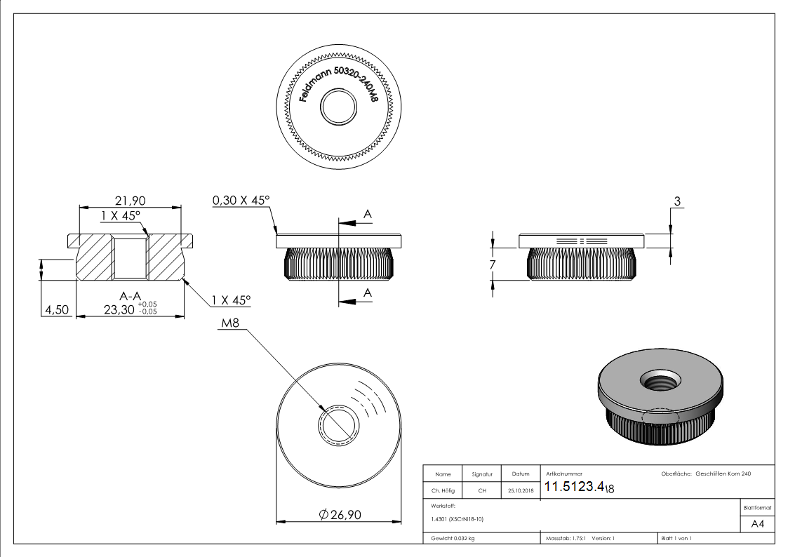 Einsteckkappe V2A Edelstahl fuer Rohr Ø 26-9 x 2-0 mm mit M8 Gewinde flach-11-5123.4
