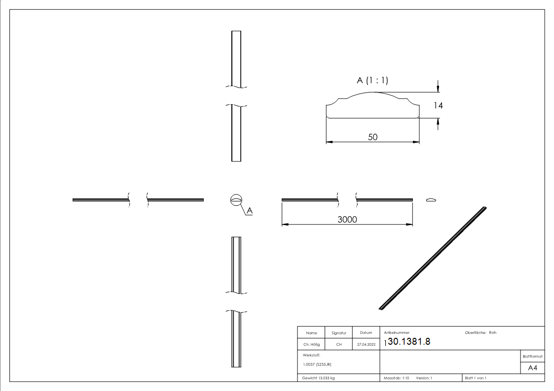 Handlauf 50x14 mm halbrund 3000mm Stahl S235JR roh-30-1381.8