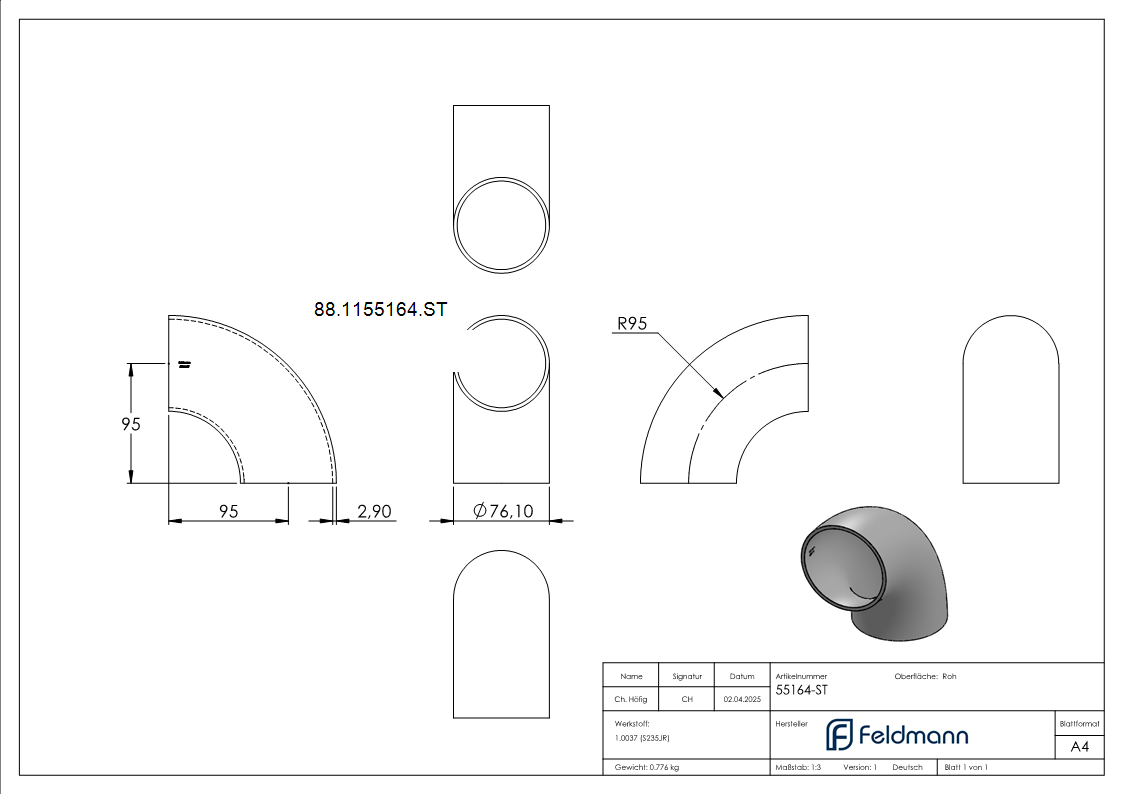 Rohrbogen 90° Stahl roh - 76-1 x 2-9 mm -2 ½- - Bauart 3-88-1155164.ST