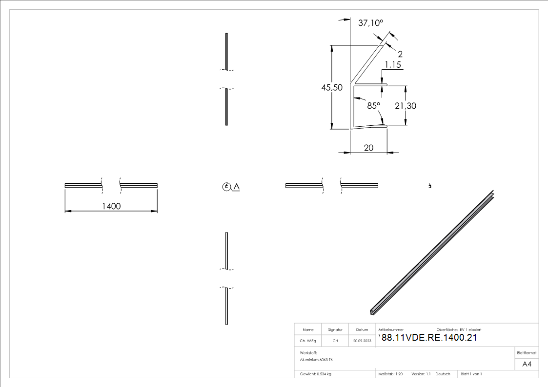 Regenrinne fuer Vordaecher- Glas 21-52mm- L=1400mm- E4-EV1-88-11VDE-RE-1400.21