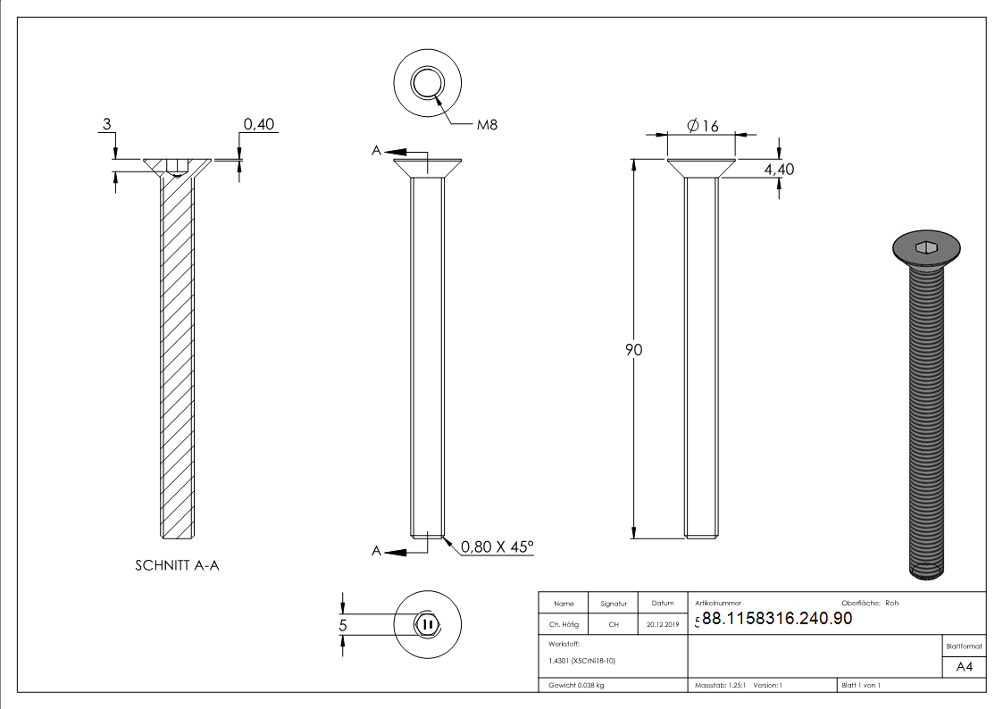Senkkopfschraube V2A M8x90 Innensechskant Vollgewinde-88-1158316-240.90