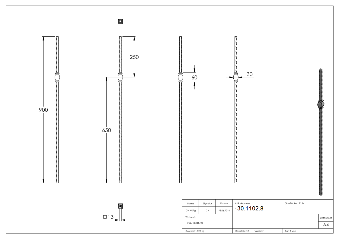 Zwischenstab - Laenge- 900 mm - Material- 13x13 mm - gehaemmert - Stahl S235JR- roh-30-1102.8