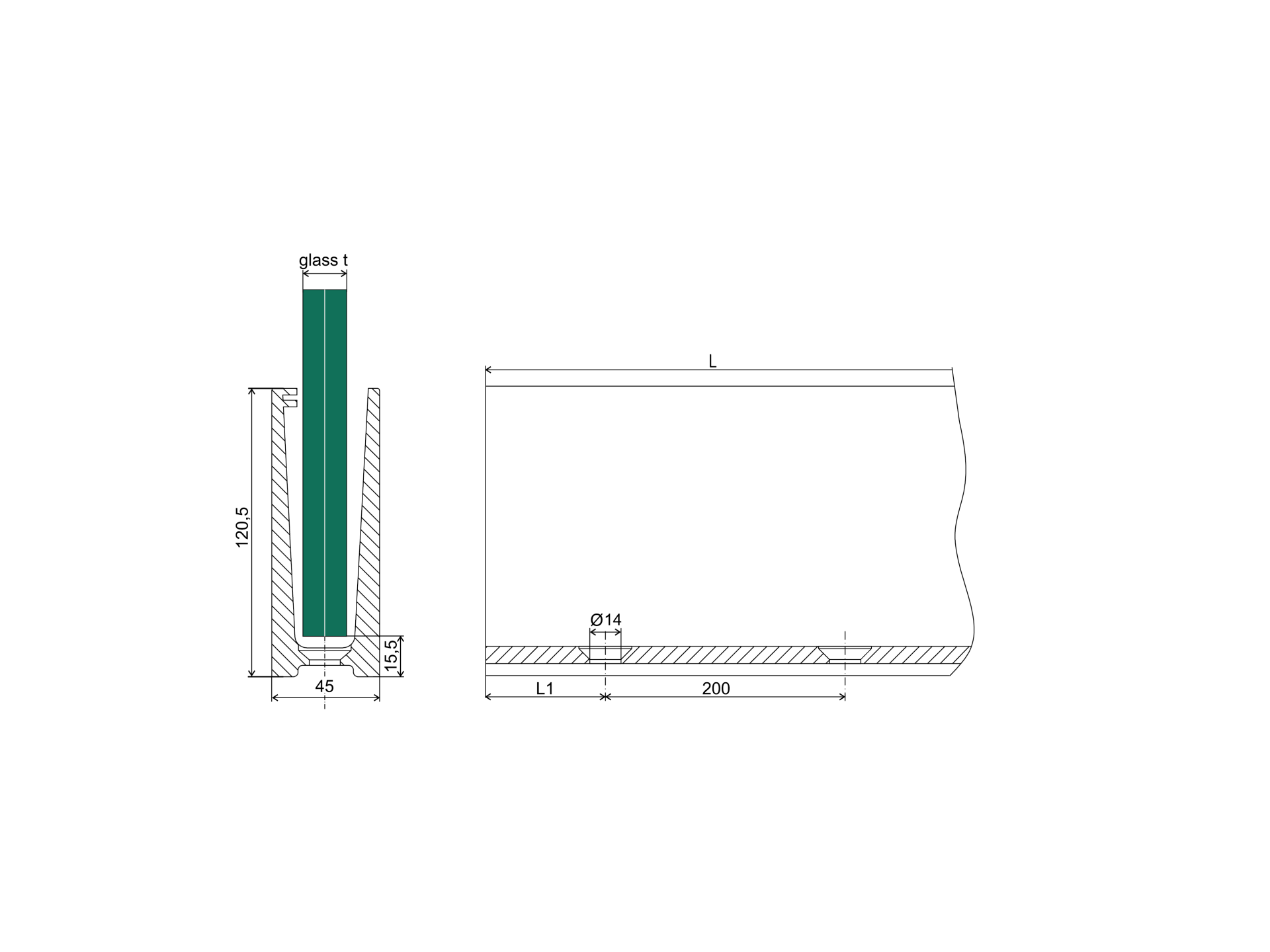 Aluprofil Aluminium 1250 mm Glas 12-21-52 mm Oberverankerung ELOX-89-11AL00041250SE-A.4