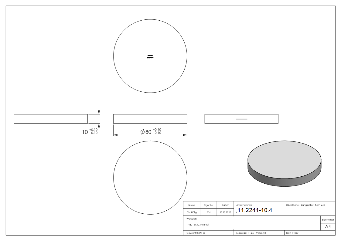Ebauche circulaire | dimensions : Ø 80x10 mm | avec rectification longitudinale | V2A