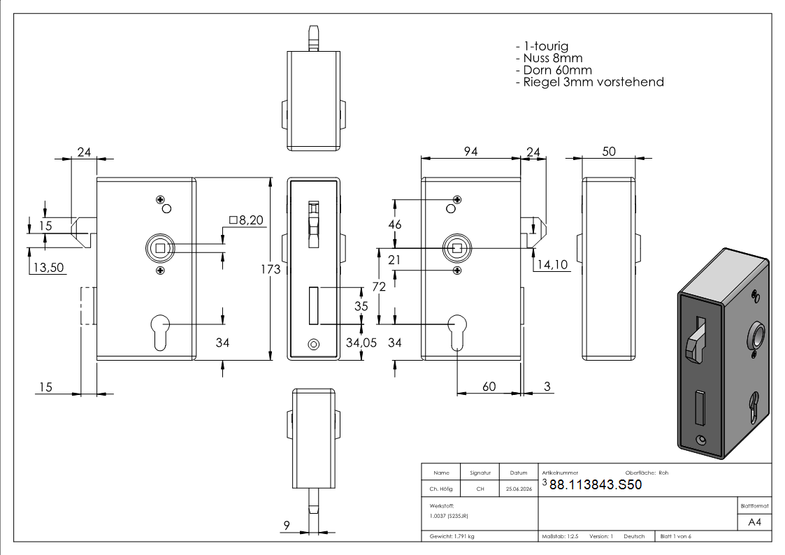 Kastenschloss verzinkt 50 x 94-5 x 173 mm Hakenschloss-88-113843.S50