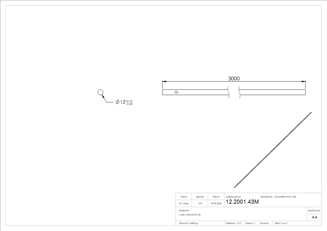 Barre ronde Ø 12 mm á 3 m V2A