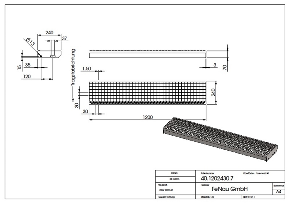 Marche en caillebotis Marche d'escalier | Dimensions : 1200x240 mm 30/30 mm | S235JR (St37-2), galvanisé à chaud en bain complet