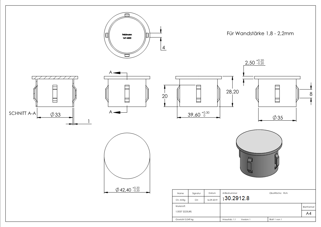 Stahlstopfen flach - fuer Rundrohr Ø 42-4x1-8-2-2 mm - Stahl S235JR- roh-30-2912.8