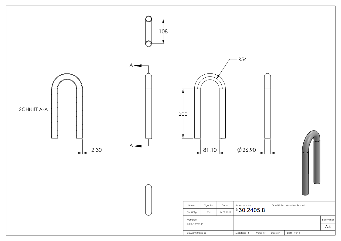 Coude en acier | 180° | 26.9x2.3 mm | Acier S235JR, brut