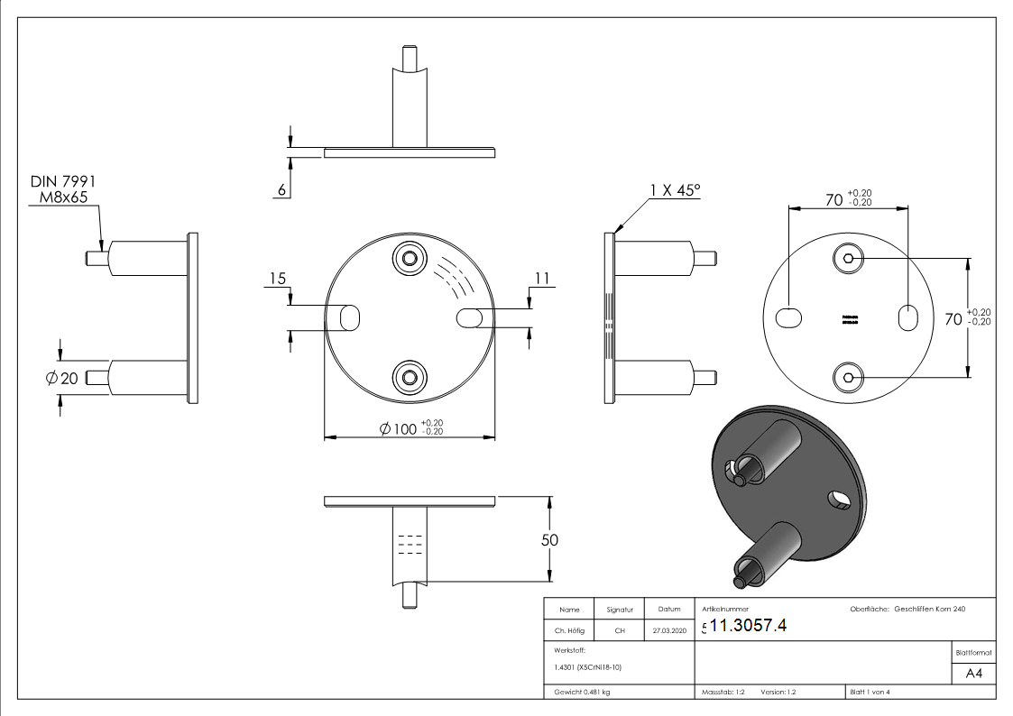 Wandbefestigung Ø 100 mm fuer Gelaenderpfosten Ø 42-4 mm - V2A-11-3057.4