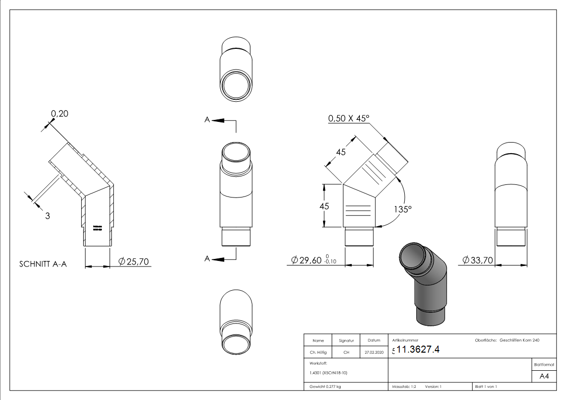 Coude d'angle 135°, pour tube rond Ø 33.7x2.0 mm V2A