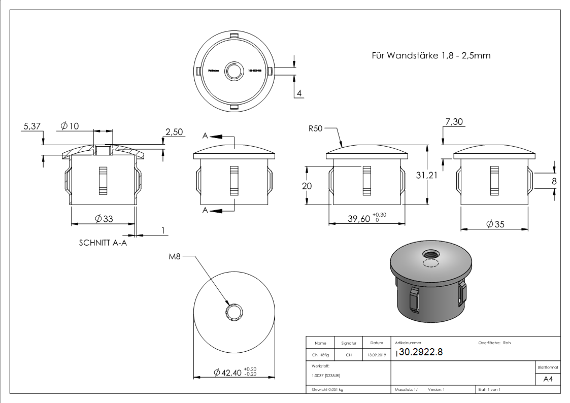 Bouchon en acier | légèrement courbé | avec M8 | pour tube rond Ø 42.4x1.8-2.2 mm | acier S235JR, brut